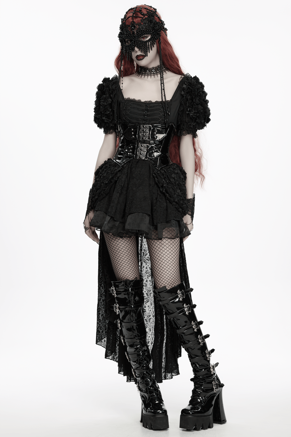 Gothic Beaded Lace Priestess Face Mask Headpiece