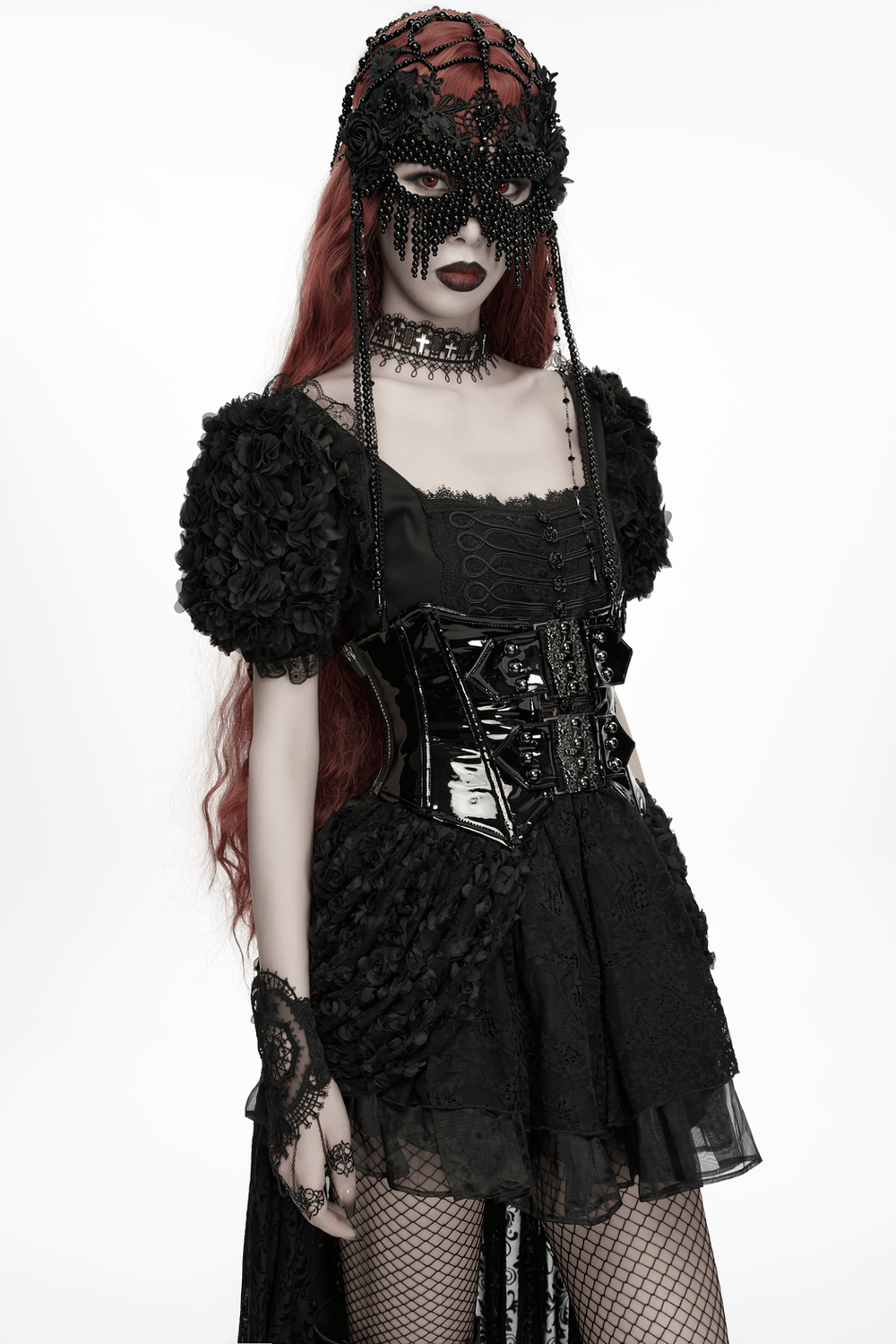 Gothic Beaded Lace Priestess Face Mask Headpiece