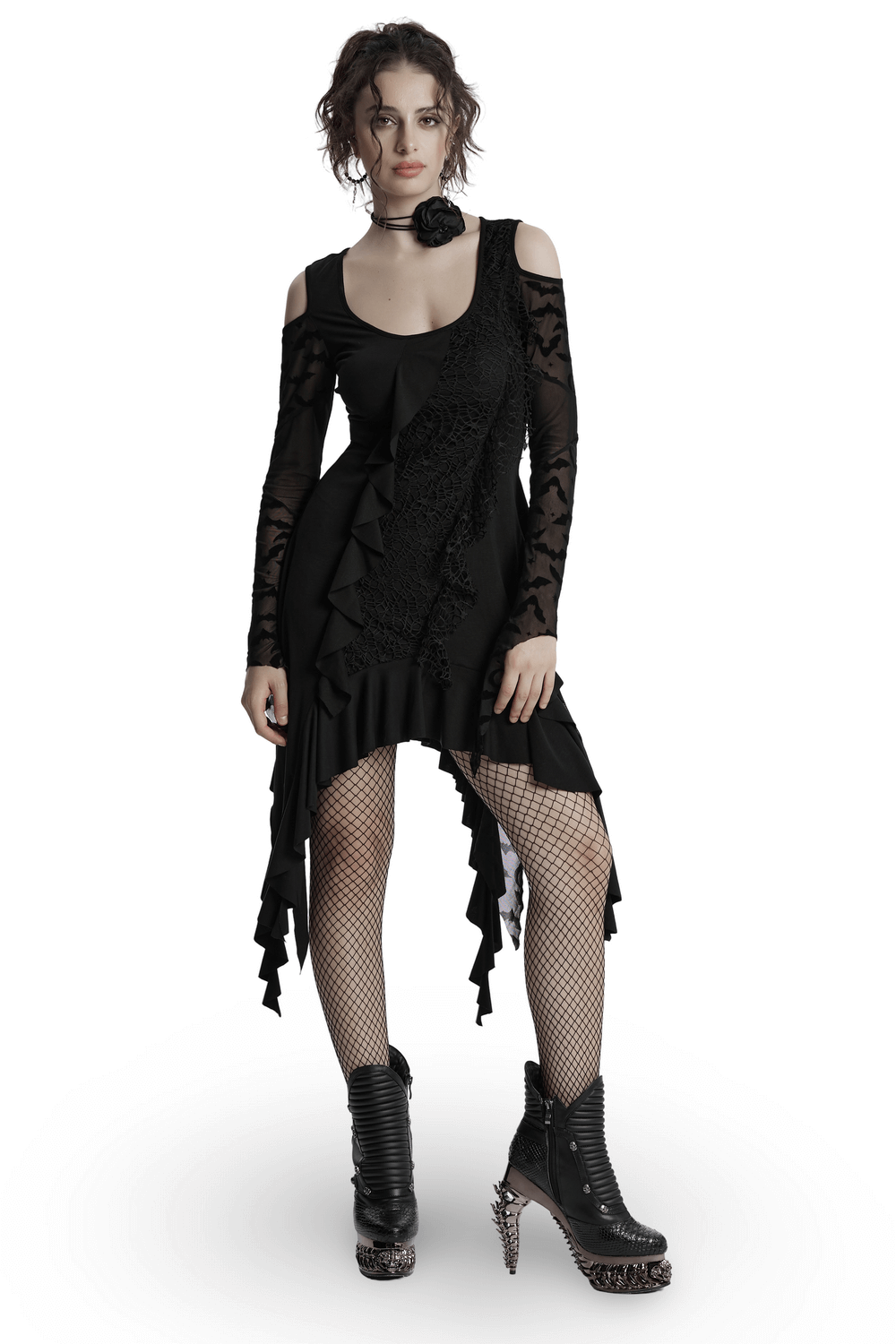 Gothic Black Bat Mesh Dress with Ruffled Hem and Sleeves