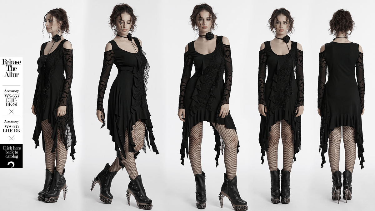 Gothic Black Bat Mesh Dress with Ruffled Hem and Sleeves