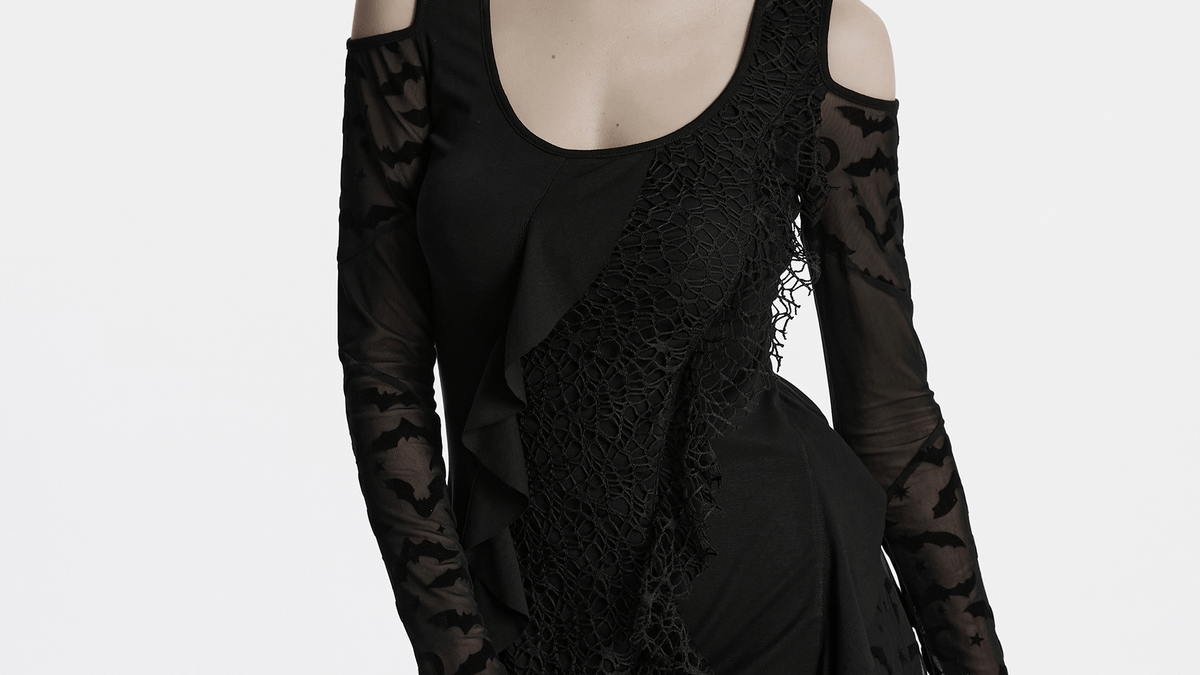 Gothic Black Bat Mesh Dress with Ruffled Hem and Sleeves