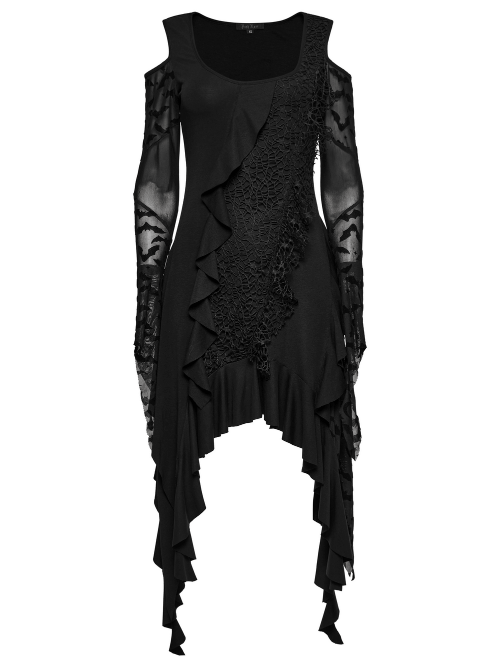 Gothic Black Bat Mesh Dress with Ruffled Hem and Sleeves
