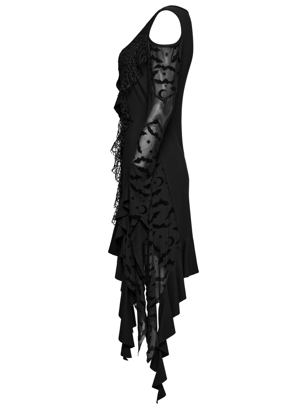 Gothic Black Bat Mesh Dress with Ruffled Hem and Sleeves