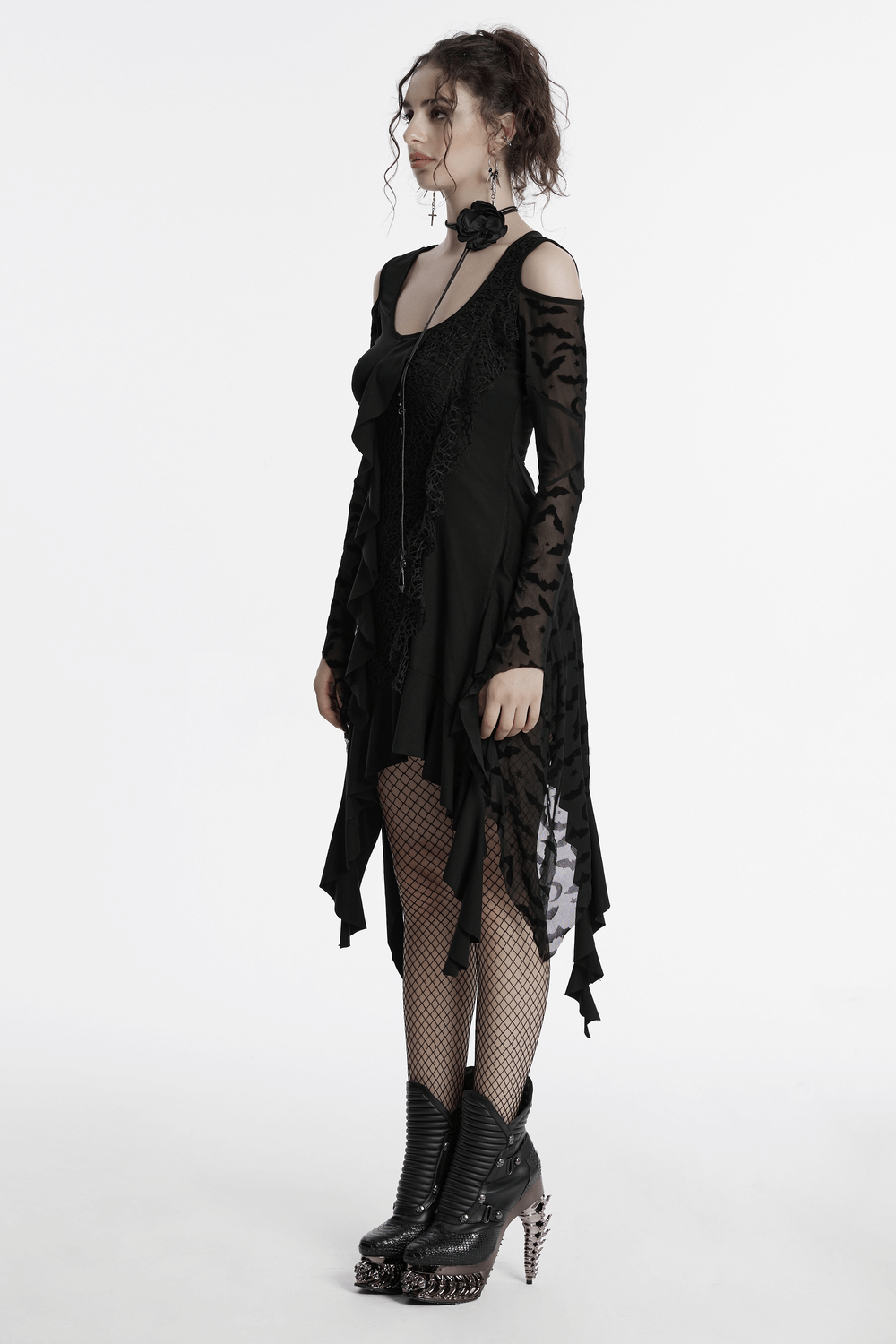 Gothic Black Bat Mesh Dress with Ruffled Hem and Sleeves