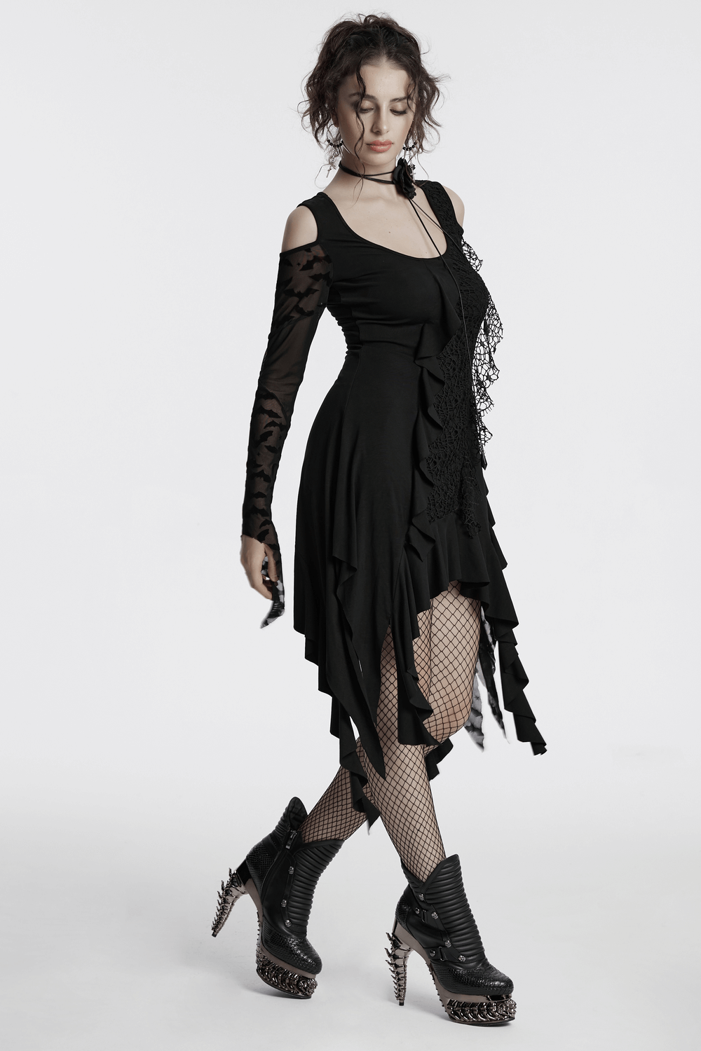 Gothic Black Bat Mesh Dress with Ruffled Hem and Sleeves