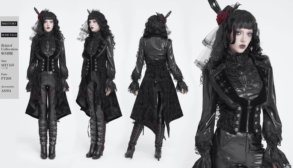 Gothic Black Brocade Tailcoat Waistcoat with Lace Details