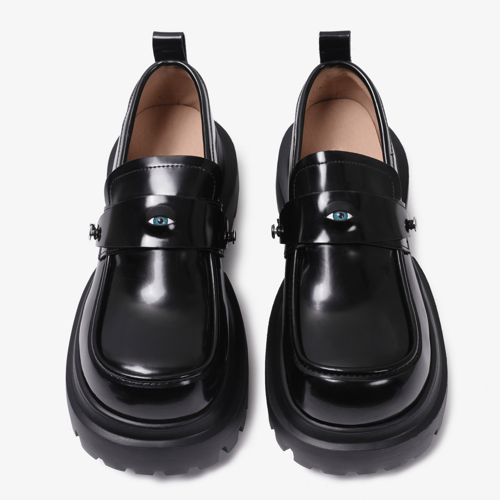 Gothic Black Chunky Platform Loafers with Eye Detail