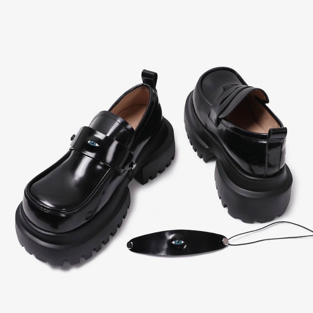 Gothic Black Chunky Platform Loafers with Eye Detail