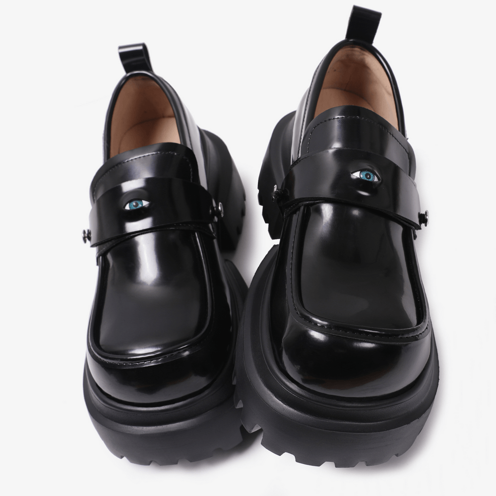 Gothic Black Chunky Platform Loafers with Eye Detail