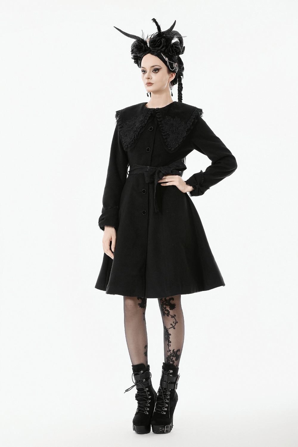 Gothic Black Coat with Lace Collar and Bow Detail