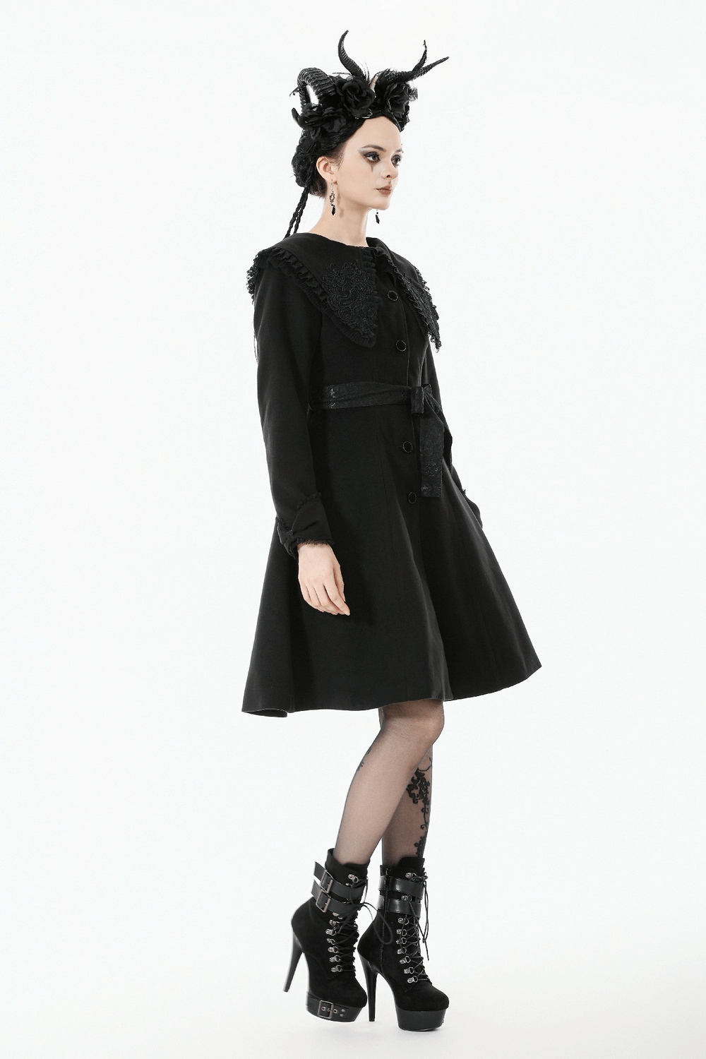 Gothic Black Coat with Lace Collar and Bow Detail