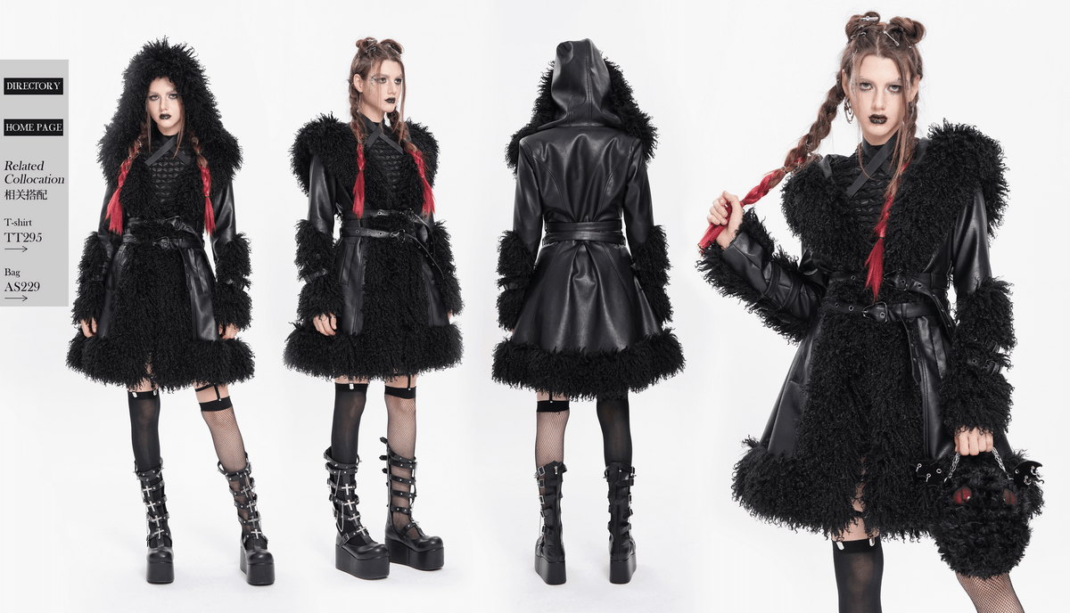Gothic Black Faux Leather Hooded Coat with Fur Trim