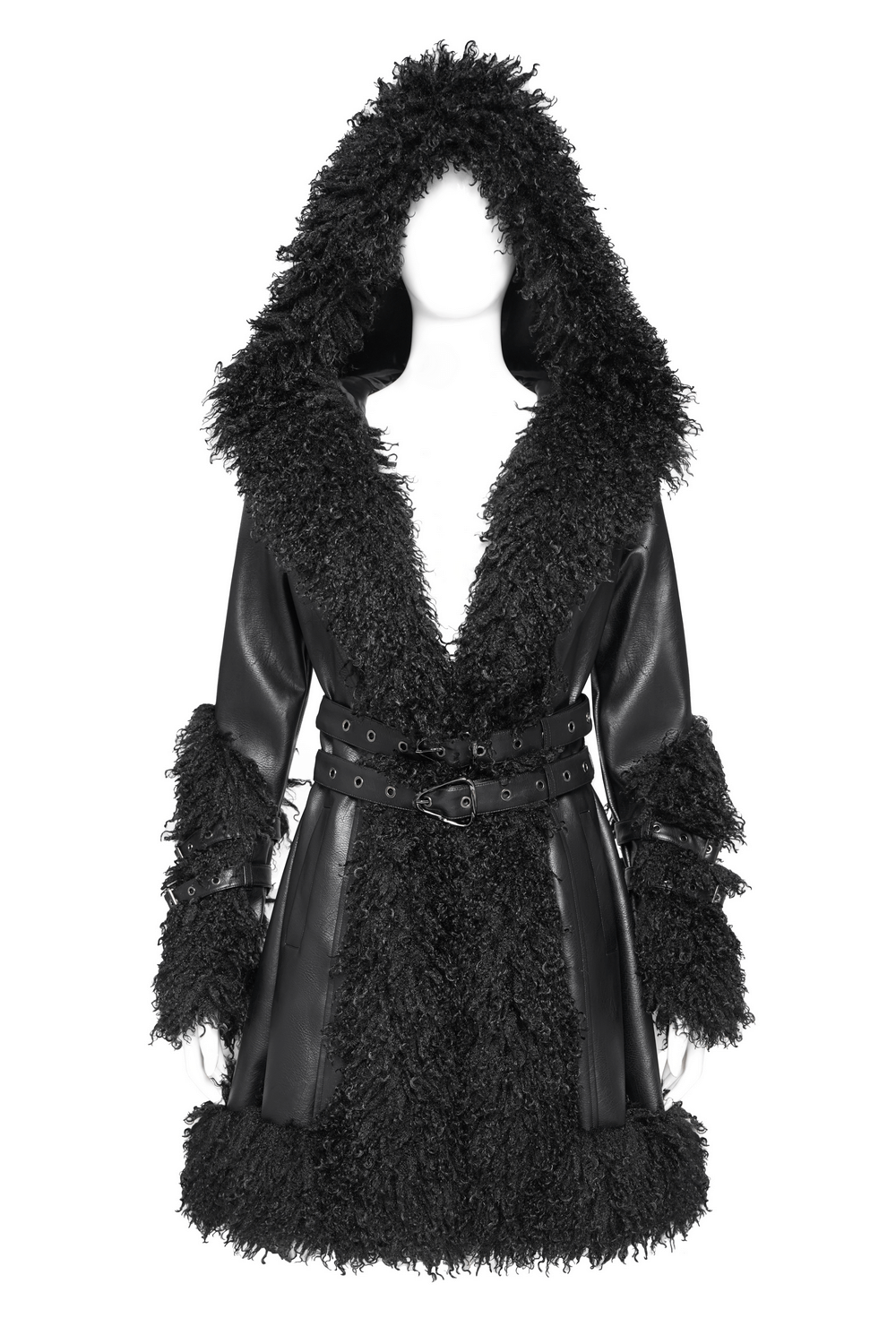 Gothic Black Faux Leather Hooded Coat with Fur Trim