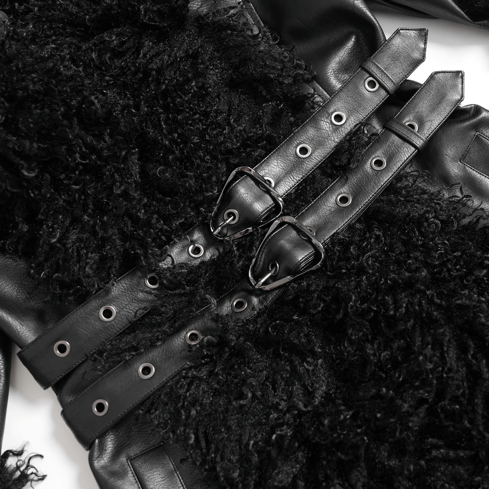 Gothic Black Faux Leather Hooded Coat with Fur Trim