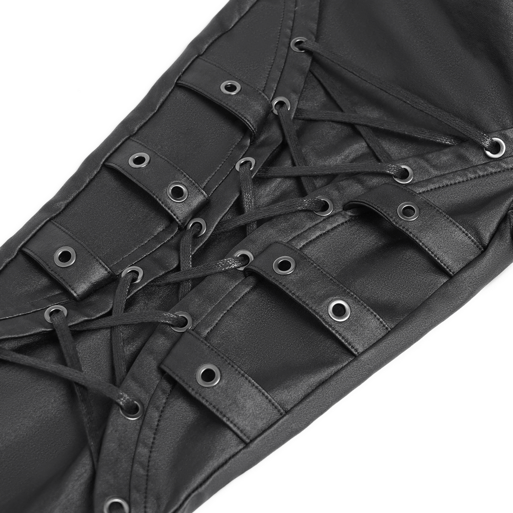 Gothic Black Faux Leather Pants with Lace Up Straps