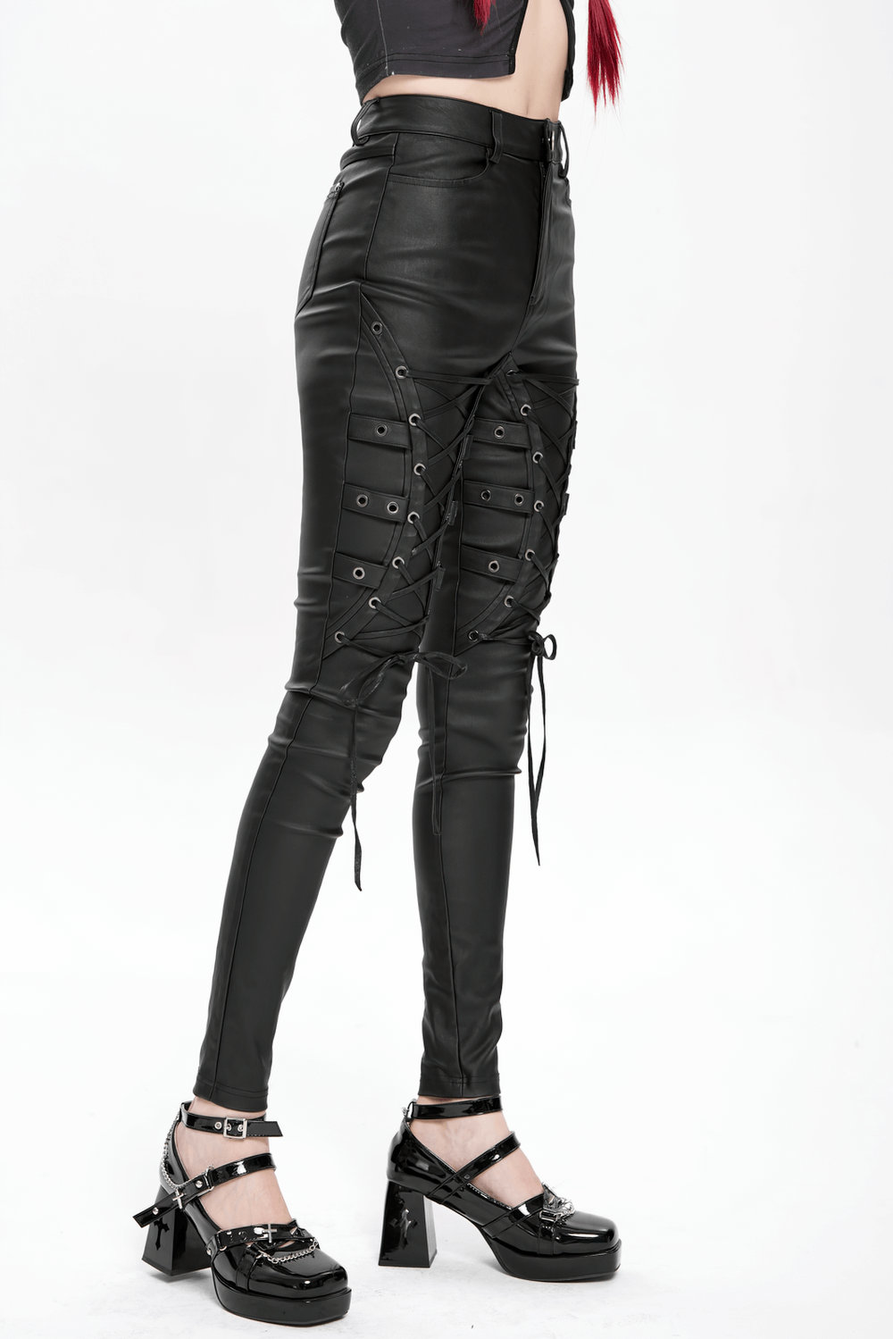 Gothic Black Faux Leather Pants with Lace Up Straps