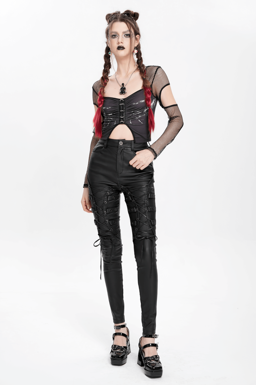 Gothic Black Faux Leather Pants with Lace Up Straps