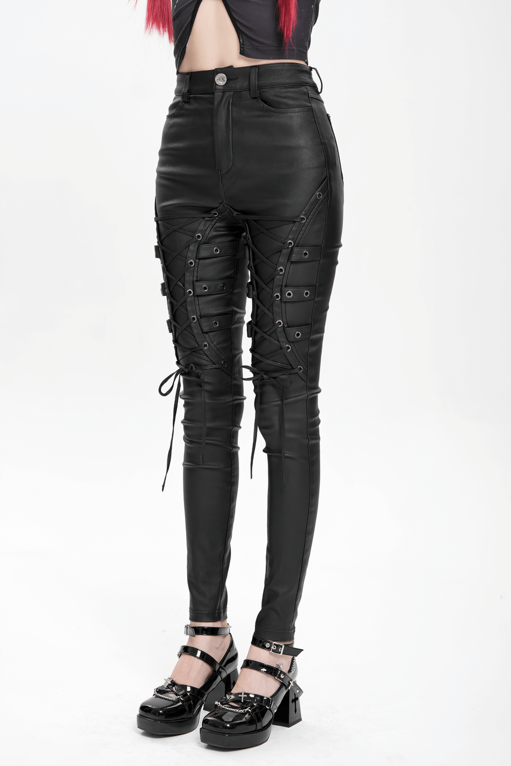 Gothic Black Faux Leather Pants with Lace Up Straps
