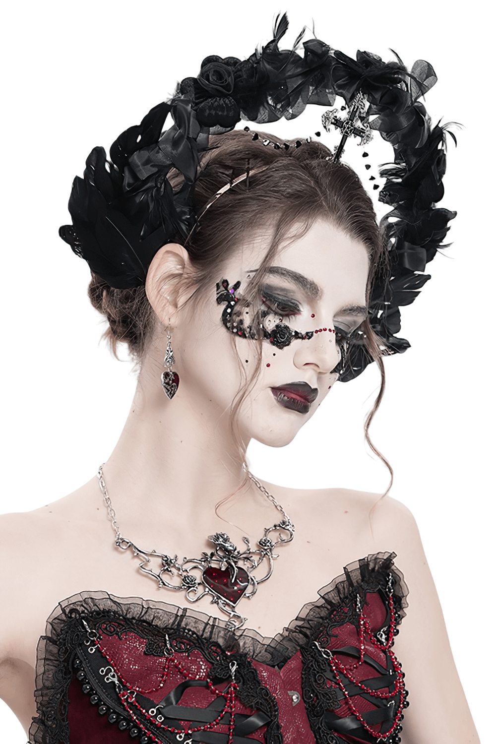 Gothic Black Halo Crown with Feathers and Cross Decor