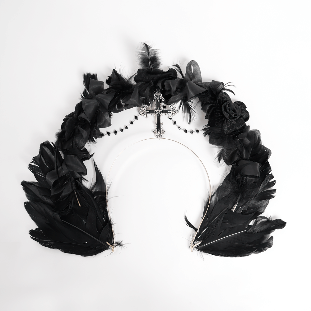 Gothic Black Halo Crown with Feathers and Cross Decor