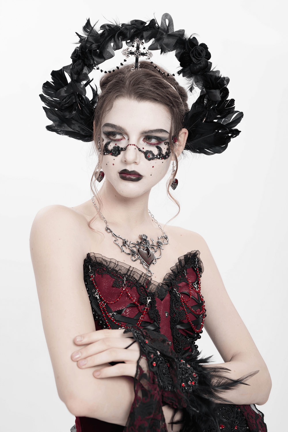 Gothic Black Halo Crown with Feathers and Cross Decor