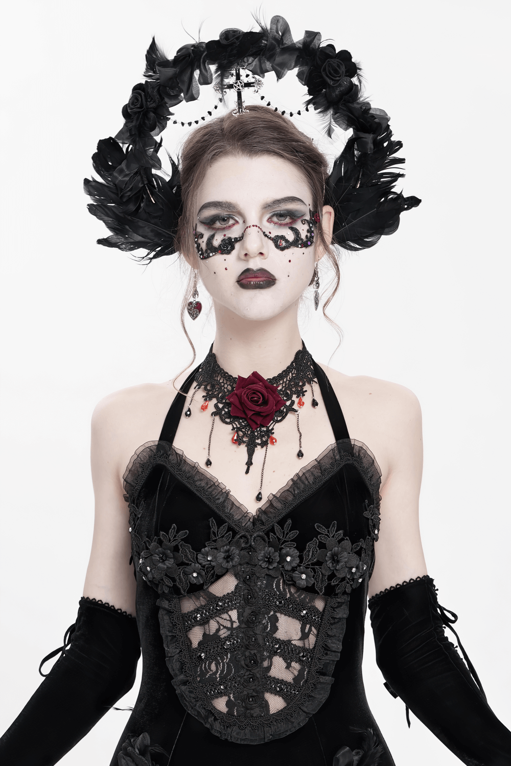 Gothic Black Halo Crown with Feathers and Cross Decor