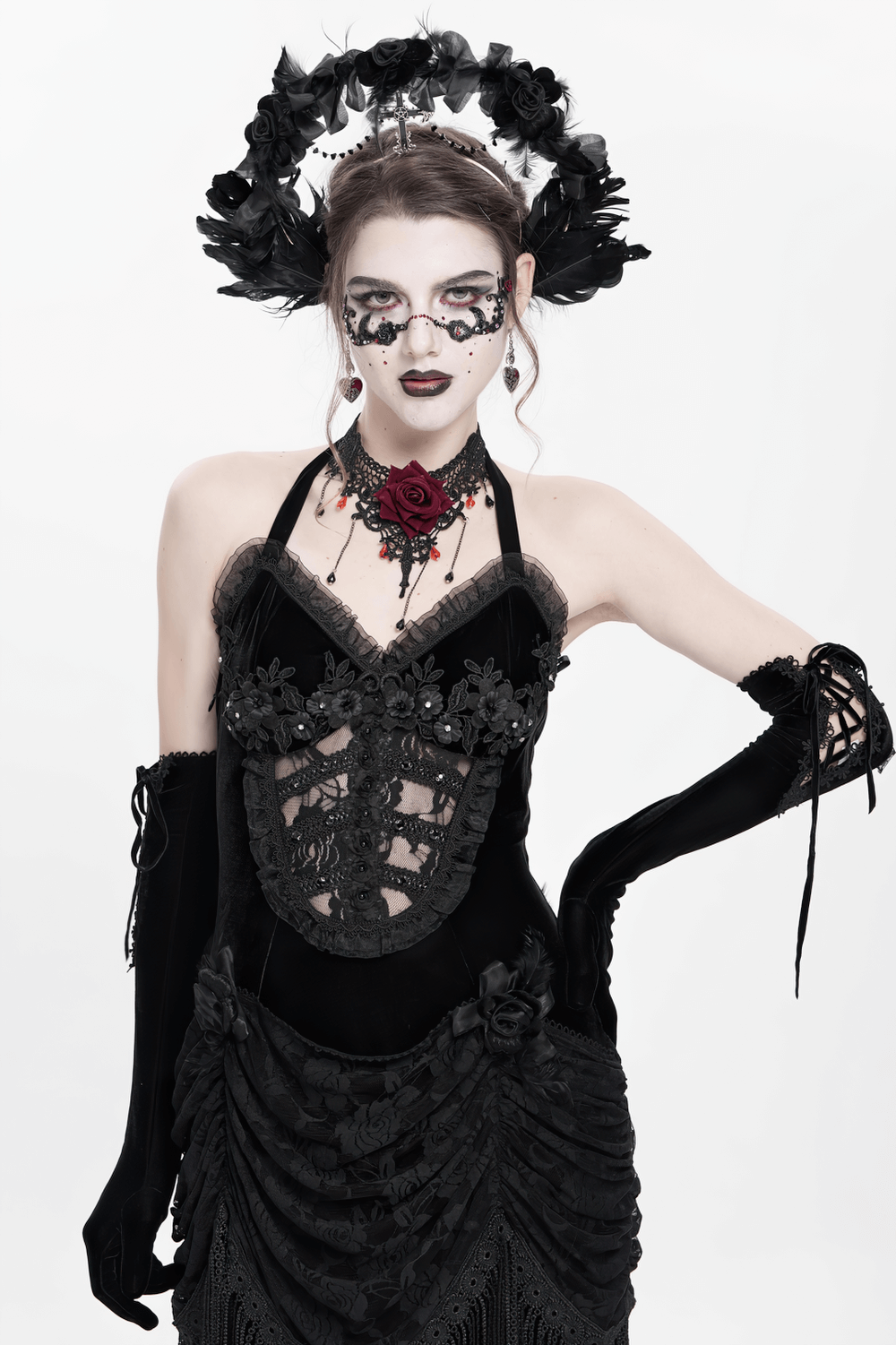 Gothic Black Halo Crown with Feathers and Cross Decor