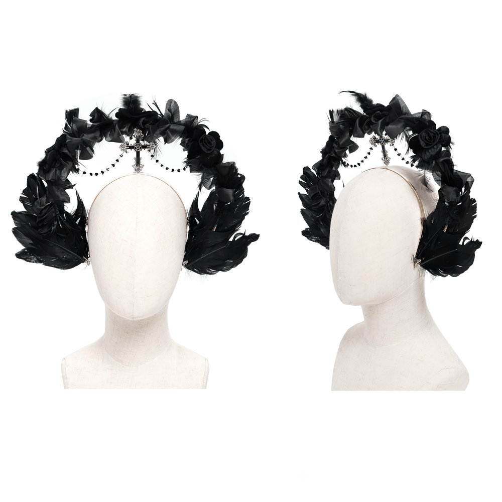 Gothic Black Halo Crown with Feathers and Cross Decor