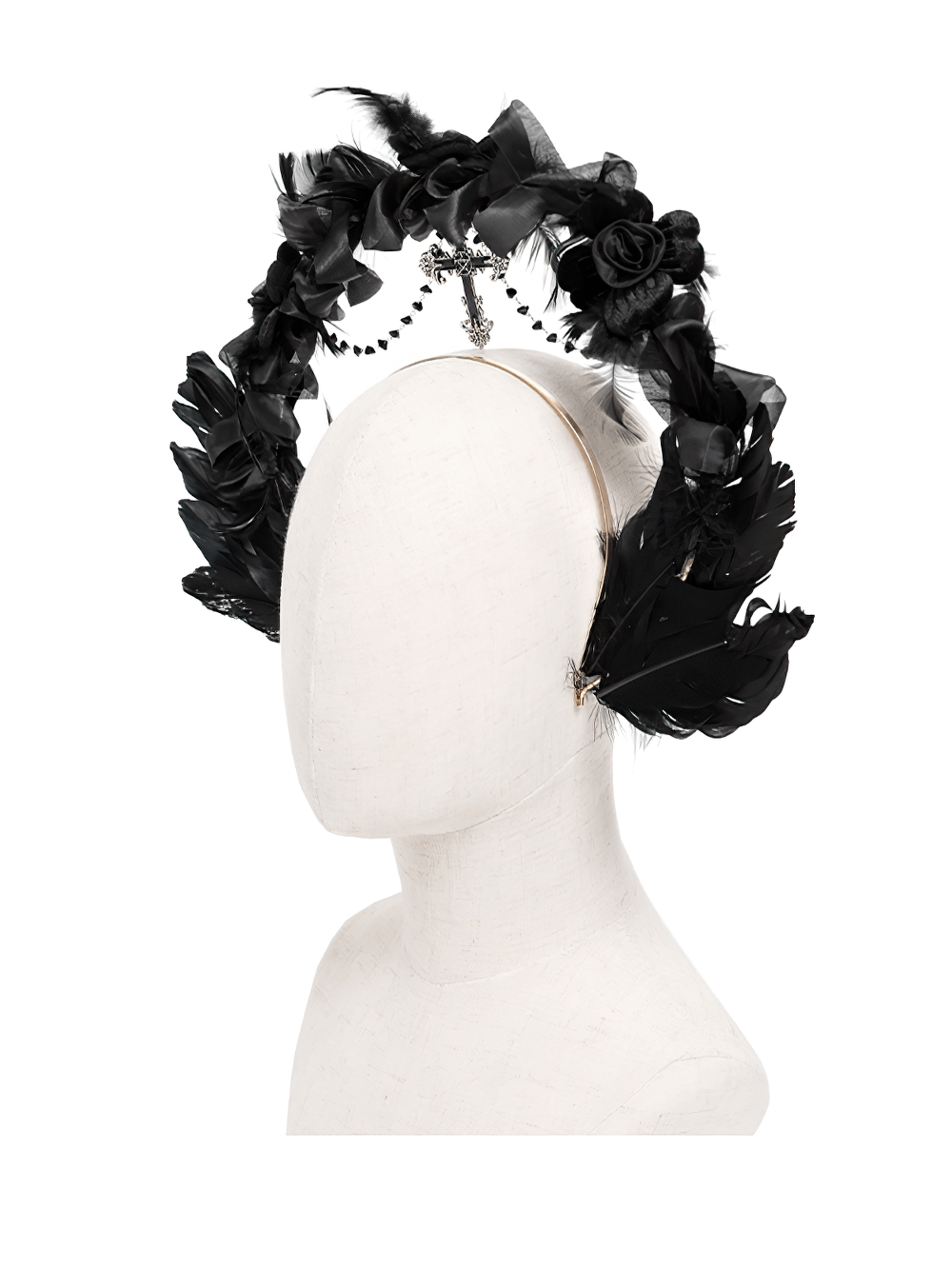 Gothic Black Halo Crown with Feathers and Cross Decor