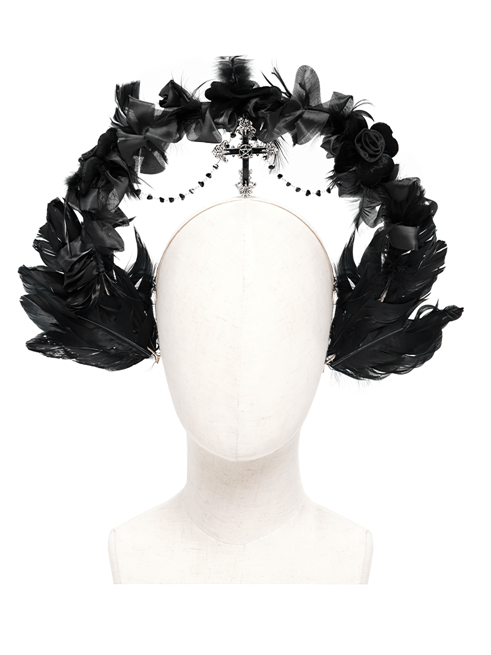 Gothic Black Halo Crown with Feathers and Cross Decor