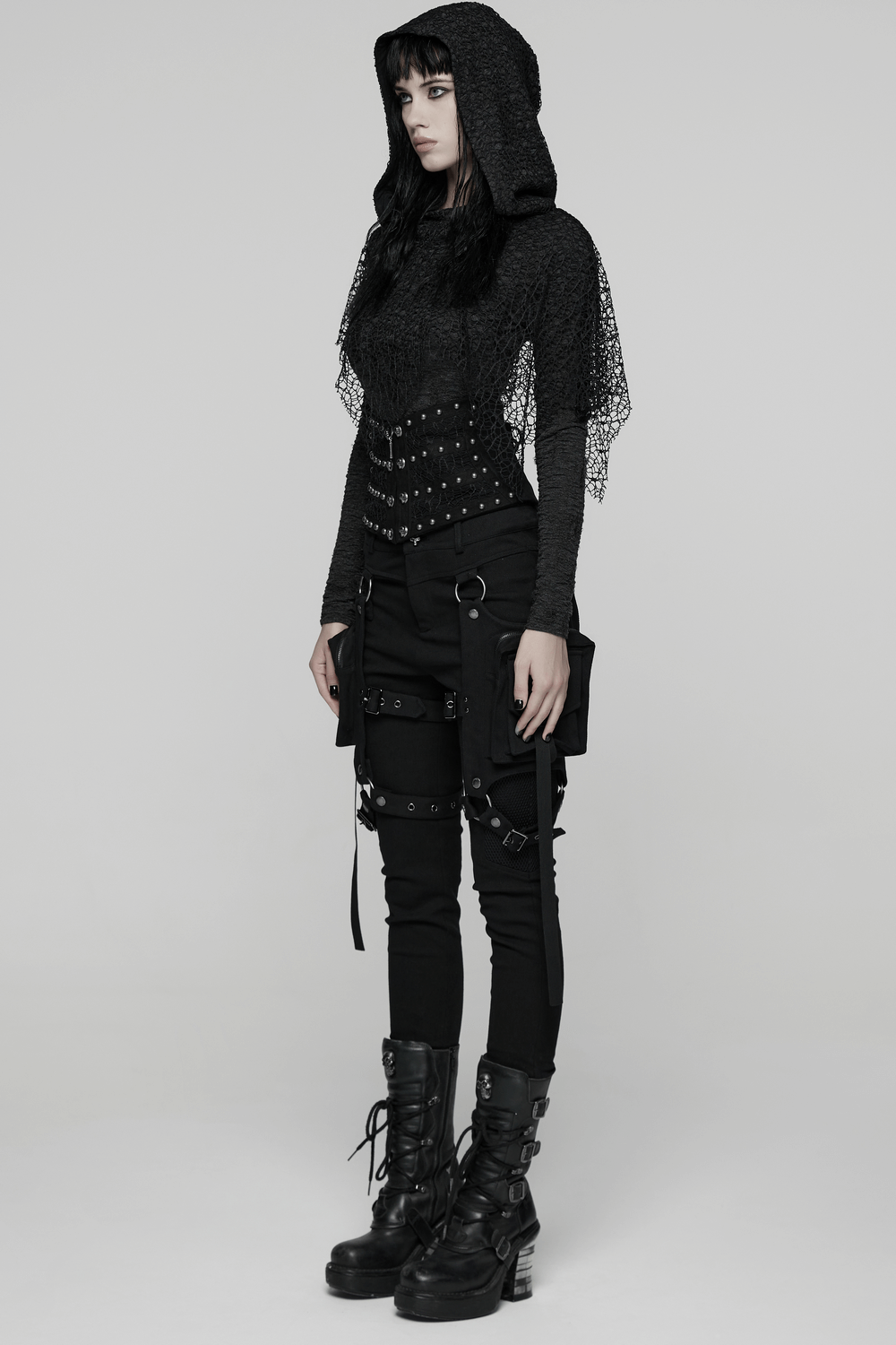 Gothic Black Lace and Rivet Waist Cincher Corset