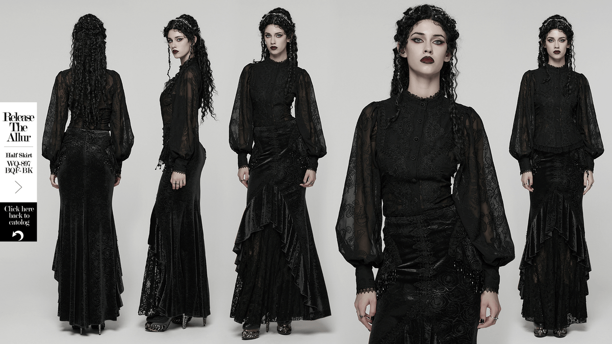 Gothic Black Lace Chiffon Blouse with Corset Back