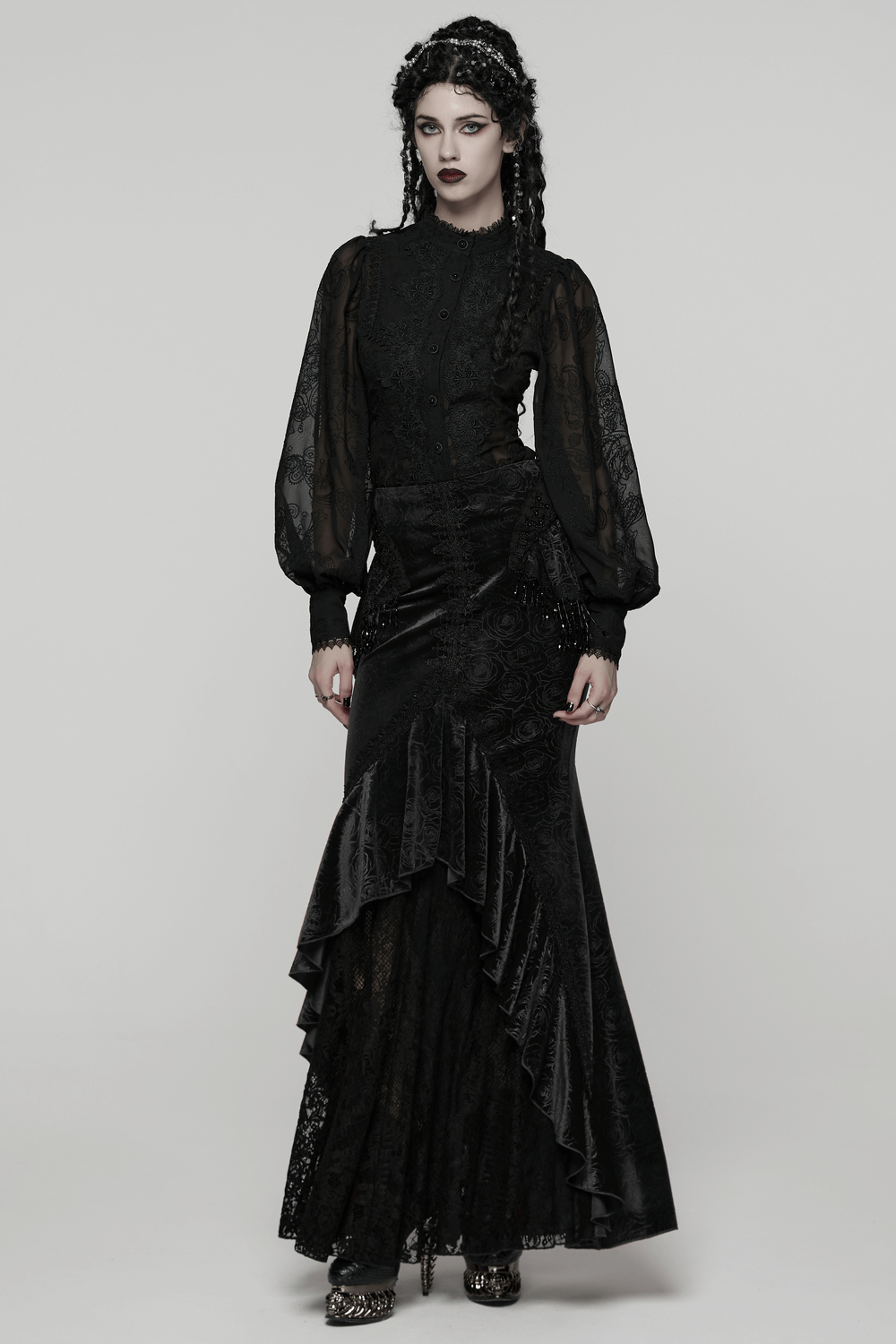Gothic Black Lace Chiffon Blouse with Corset Back