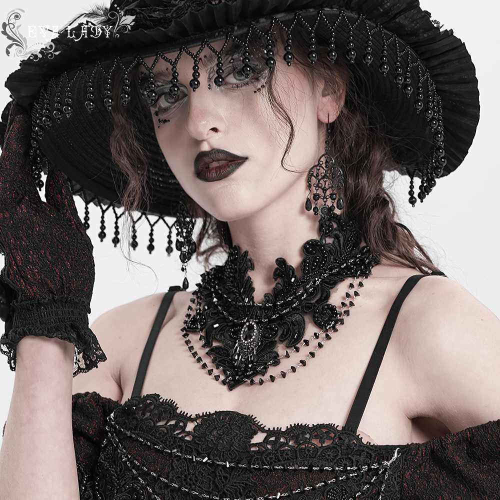 Gothic Black Lace Choker Necklace with Beaded Chains