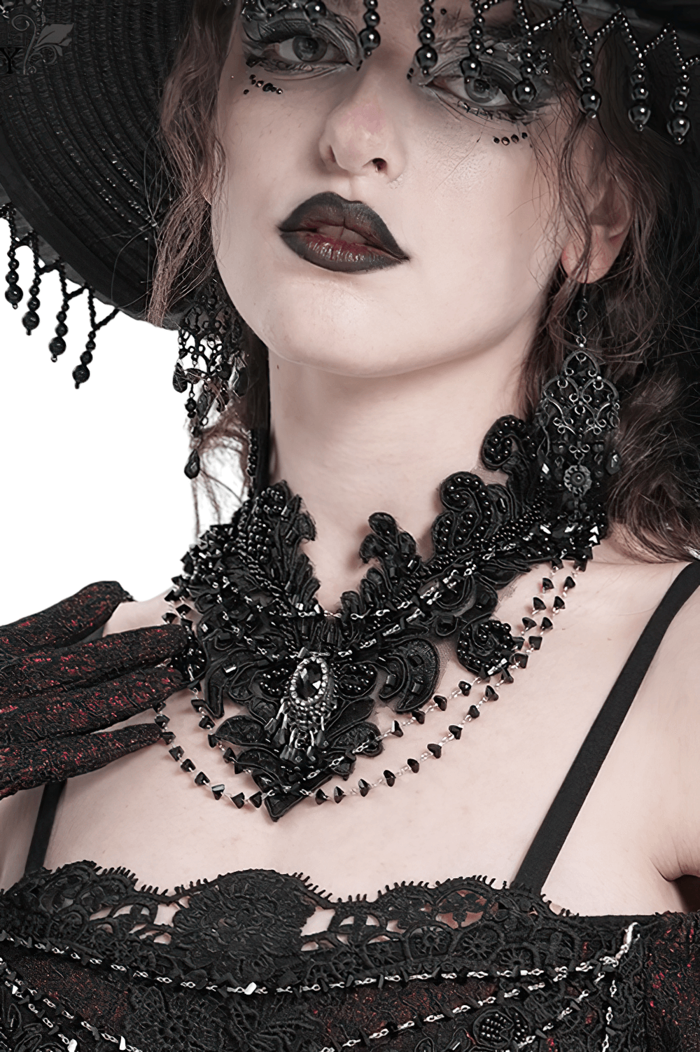 Gothic Black Lace Choker Necklace with Beaded Chains