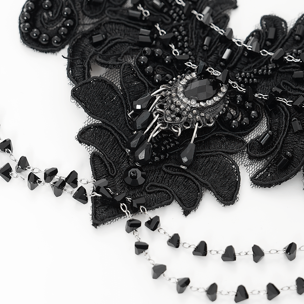 Gothic Black Lace Choker Necklace with Beaded Chains