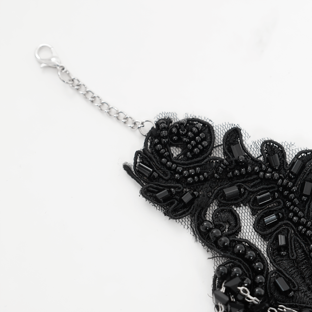Gothic Black Lace Choker Necklace with Beaded Chains