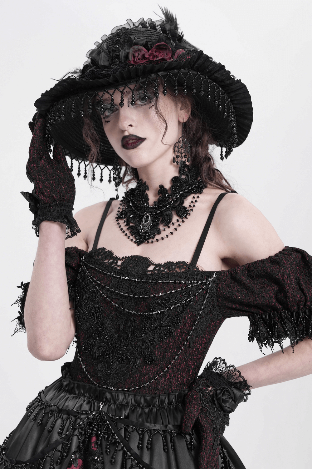 Gothic Black Lace Choker Necklace with Beaded Chains