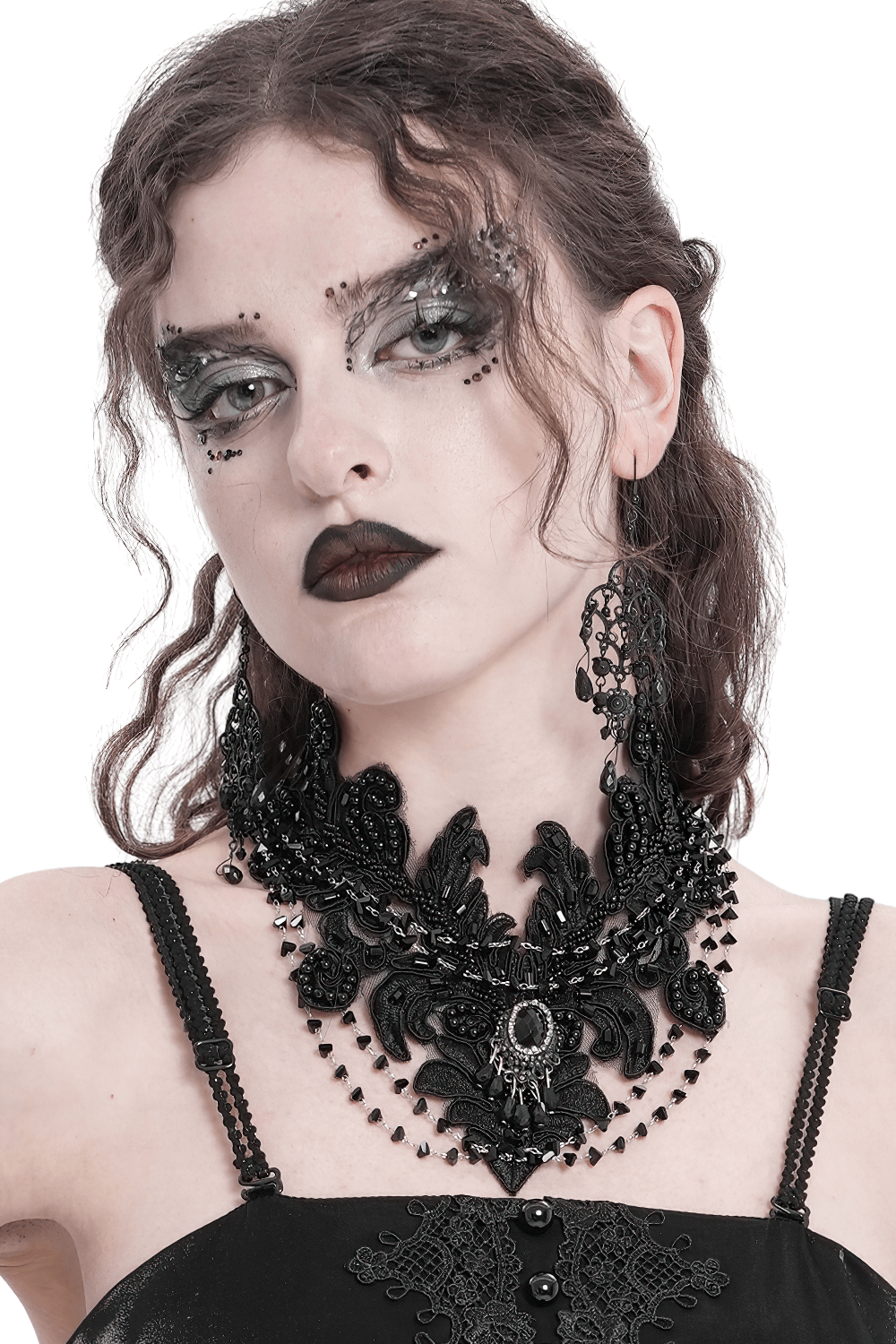 Gothic Black Lace Choker Necklace with Beaded Chains