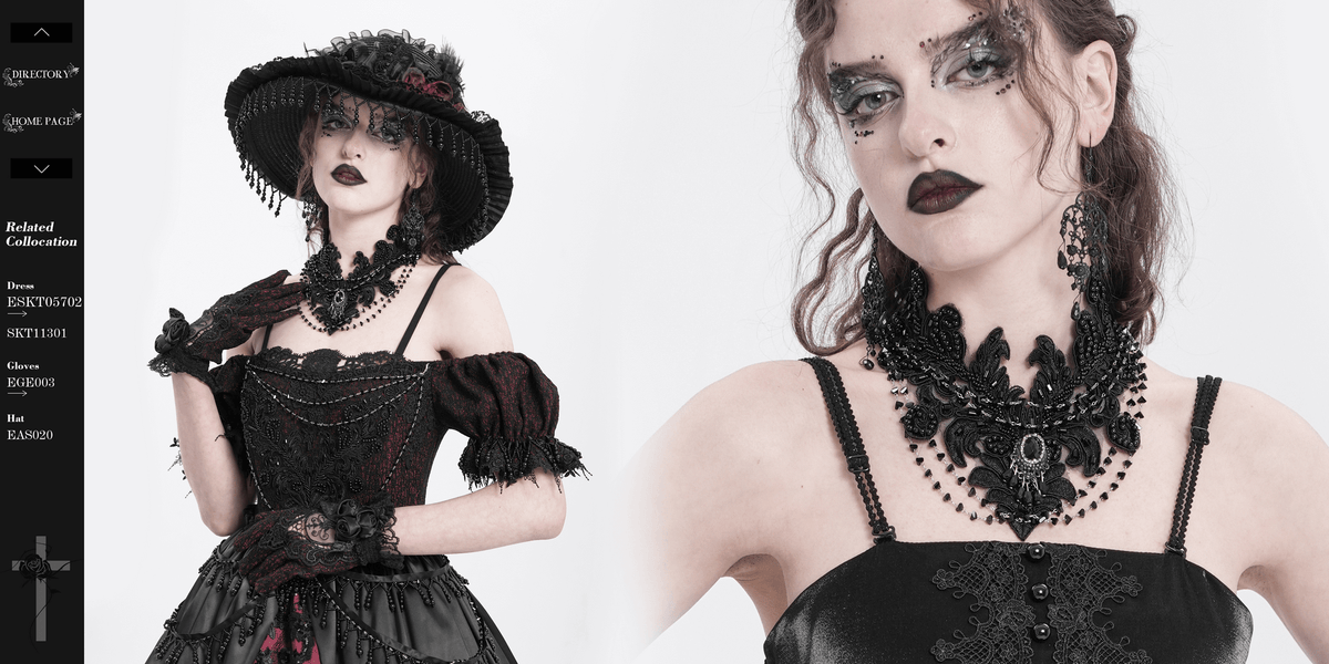 Gothic Black Lace Choker Necklace with Beaded Chains