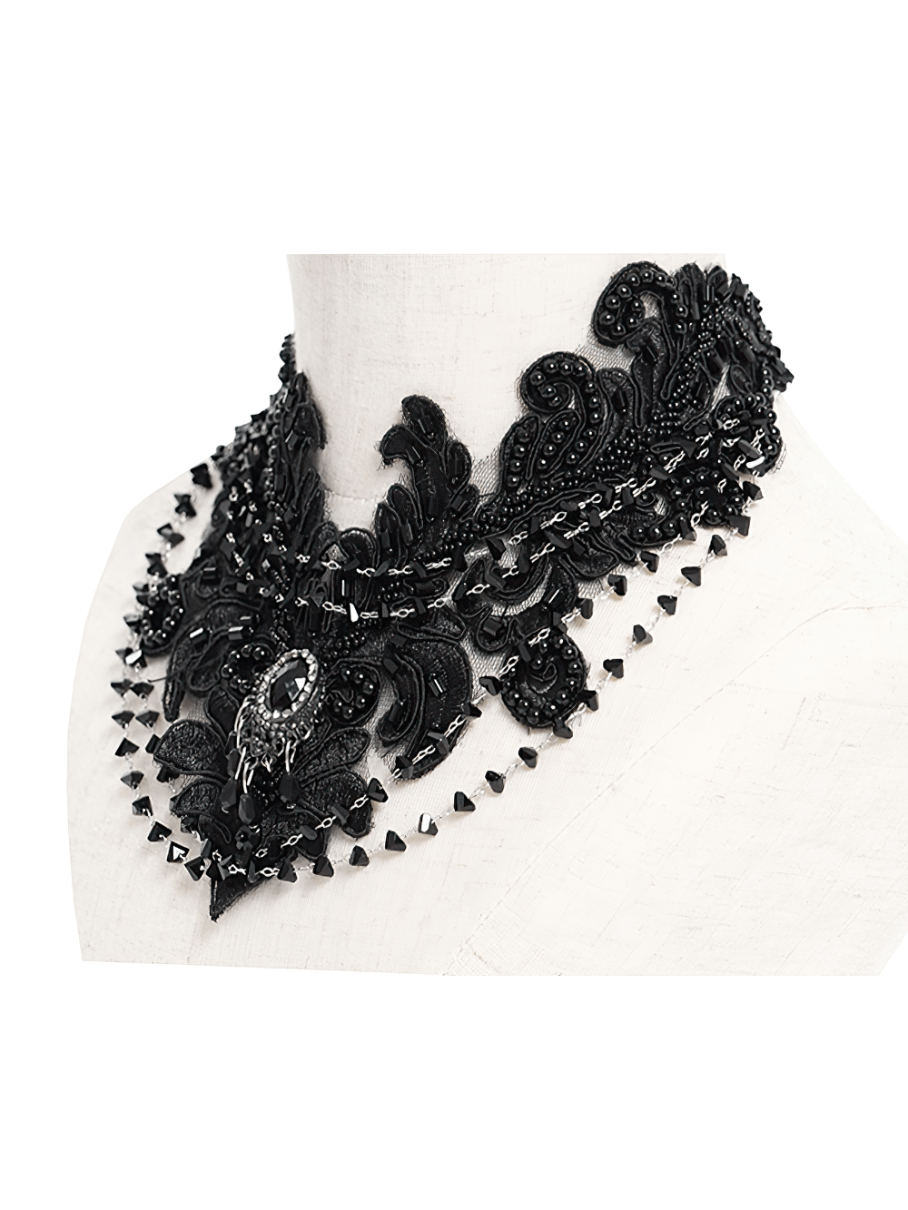 Gothic Black Lace Choker Necklace with Beaded Chains