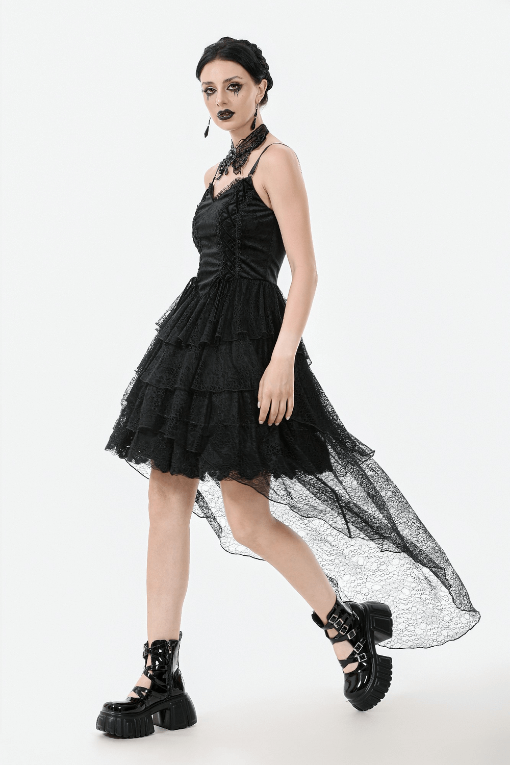 Gothic Black Lace Dress with Corset Bodice and Tiers