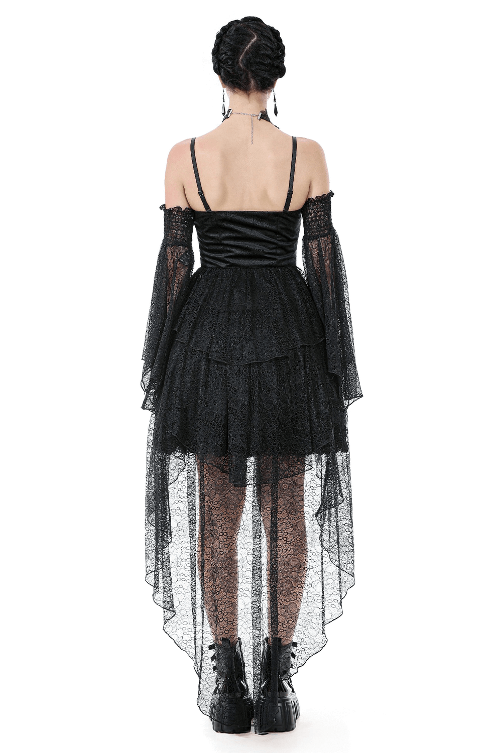 Gothic Black Lace Dress with Corset Bodice and Tiers