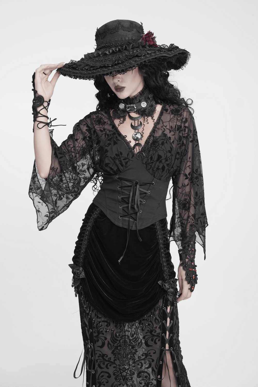 Gothic Black Lace Floral Choker with Silver Clasps