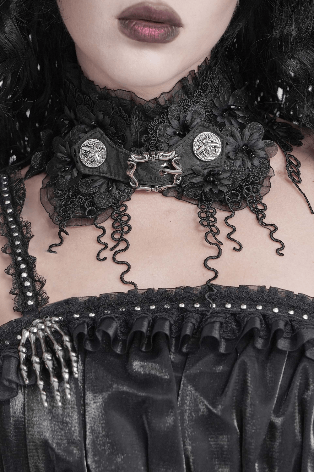 Gothic Black Lace Floral Choker with Silver Clasps