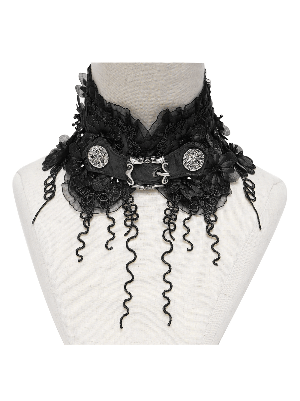 Gothic Black Lace Floral Choker with Silver Clasps