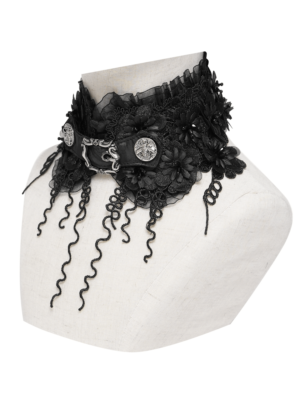 Gothic Black Lace Floral Choker with Silver Clasps