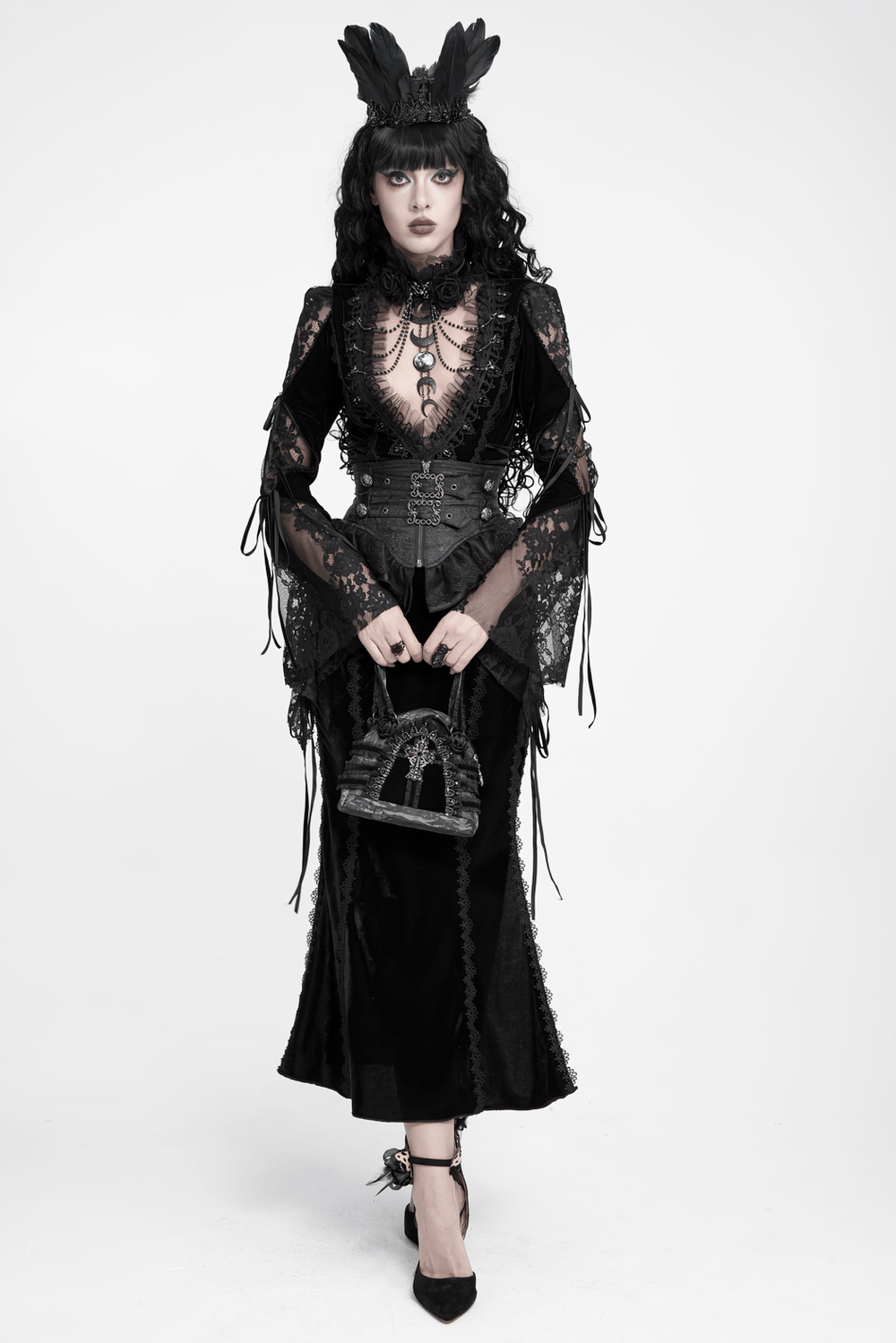 Gothic Black Lace Handbag with Cross and Rose Details