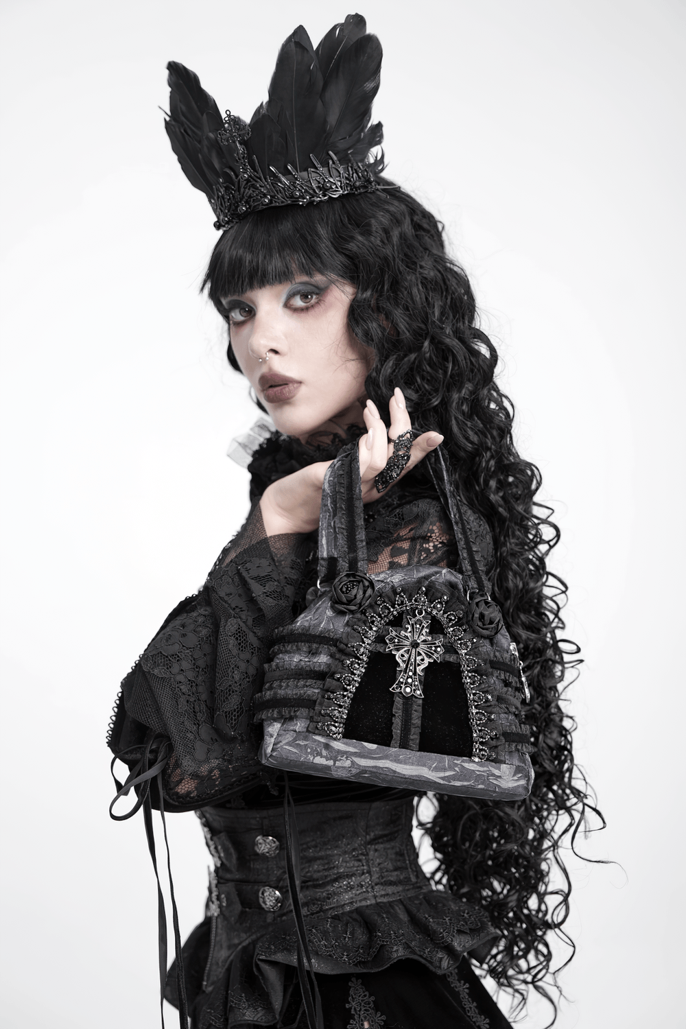 Gothic Black Lace Handbag with Cross and Rose Details