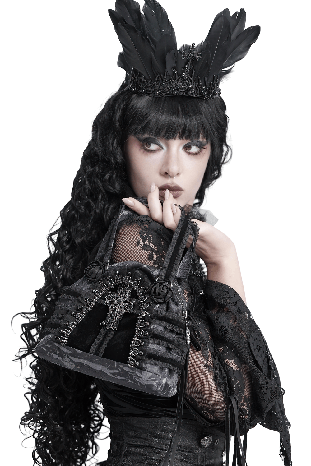 Gothic Black Lace Handbag with Cross and Rose Details